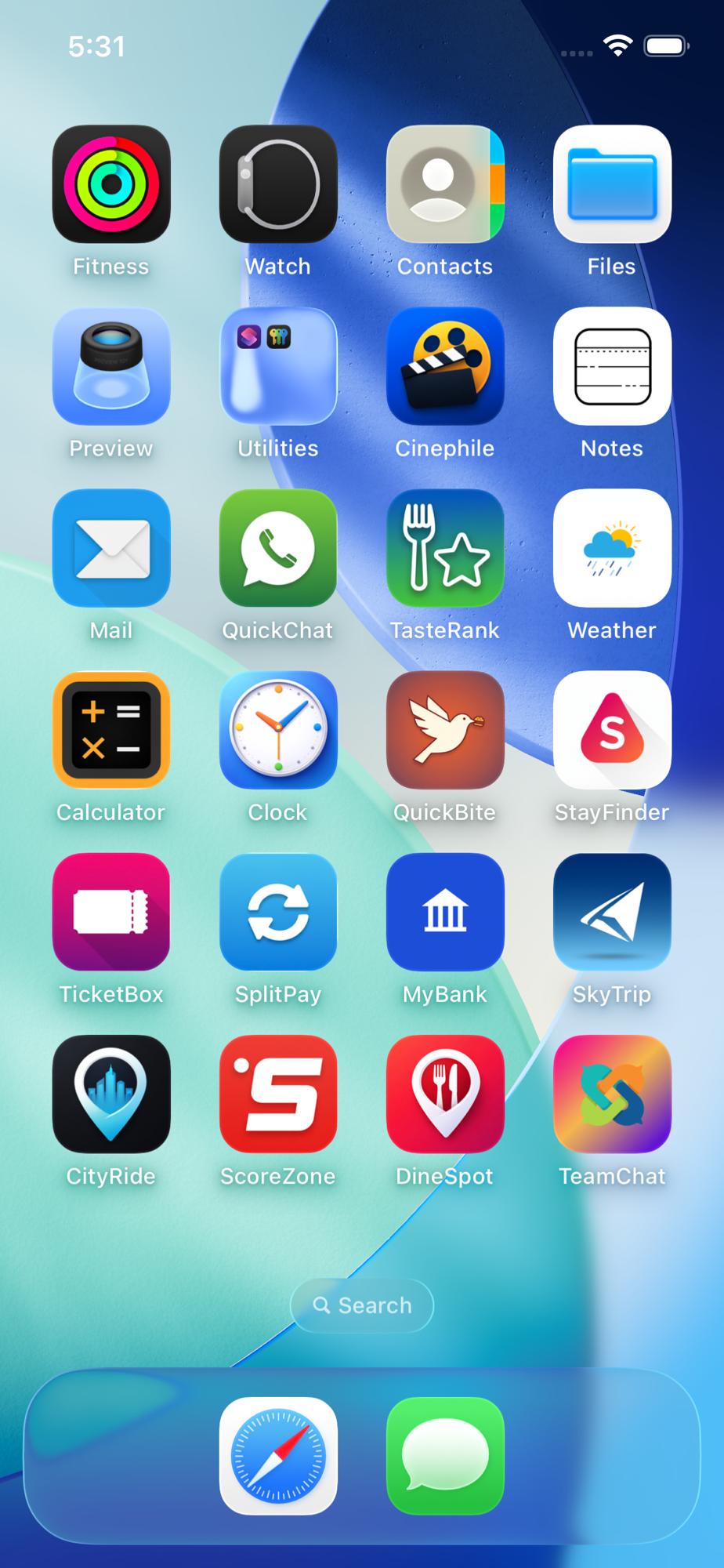 The home screen of a fictional iPhone seeded with twenty-six iOSWorld apps.